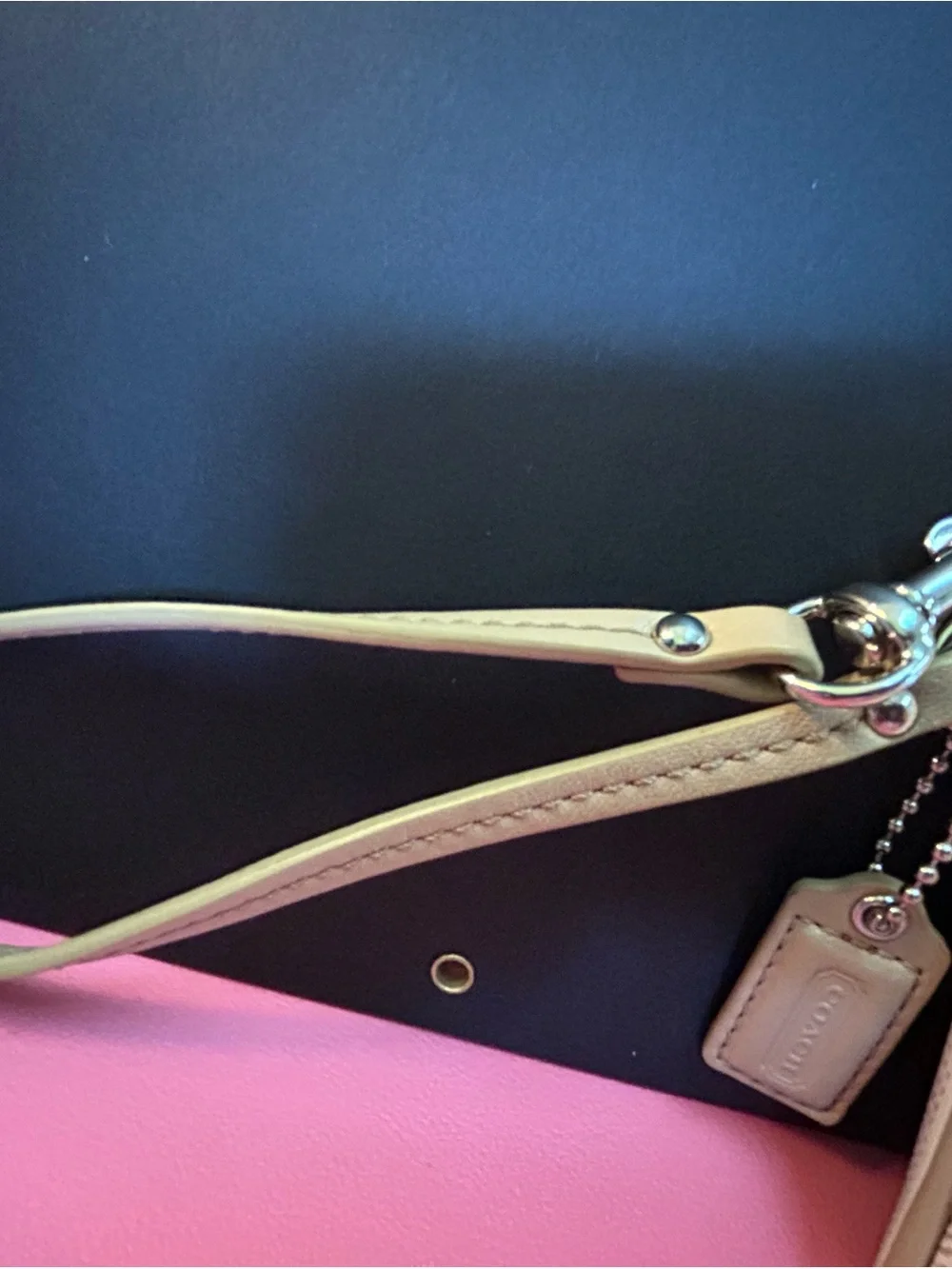 Coach Beige Stripe Wristlet with Pink Accents